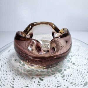 Art Glass Bowl Purple and Amber Rolled Edge Mid Century Home Decor